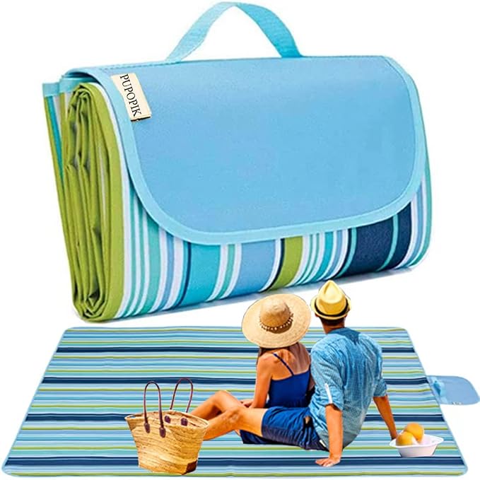 PUPOPIK Extra Large Beach Blanket Outdoor Picnic Blankets, Foldable Waterproof Sand Free Beach Mats Picnic Mat for Festival BBQ Park Grass Lawn Camping Hiking Travel Concerts (Blue 2, 80x60 in)