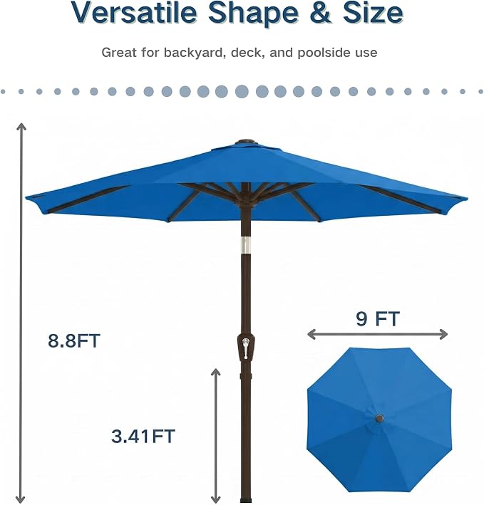 PatioKingdom 9FT Patio Outdoor Umbrella-UPF 50+ Sun Shade with Wind Vent, Push-Button Tilt & Smooth Crank Lift, Rust-Resistant Fiberglass Frame for Garden, Backyard,Yard (Royal Blue)