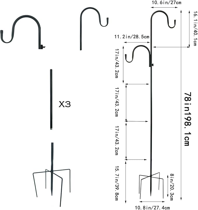 MIPON Adjustable 78/62/46/30 Inch Double Shepherds Hooks or Outdoor | Garden Shepards Hook for Outdoor Bird Feeder,Hanging Plants,Solar Light,3/4 Inch Width