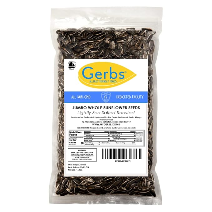 Gerbs Jumbo Lightly Sea Salted Whole Sunflower Seeds 14 oz. | Small Batch, No Artificial Additives, Resealable Bag | Crack-and-Eat Crunchy Snack | Top 14 Allergen-Free