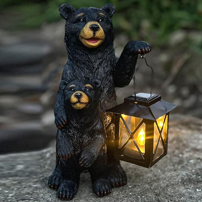 Black Bear Garden Statue with Solar Lantern, Bear Figurine Lights for Outside, Yard Garden Decor Unique Birthday Housewarming Gifts for Women, Mom