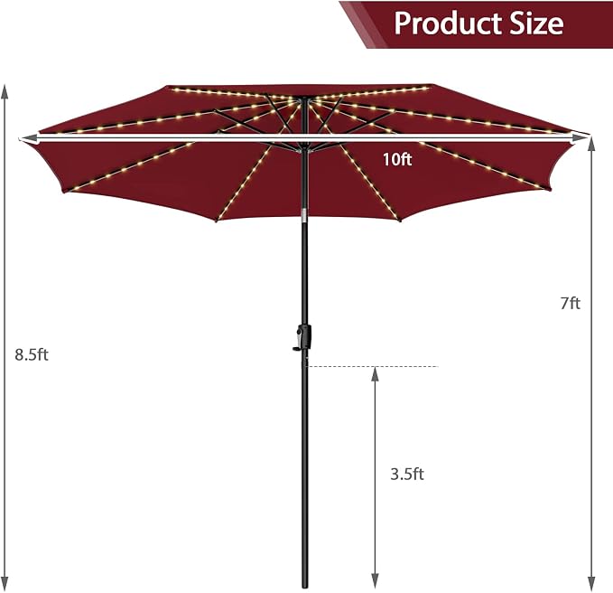 HAPPYGRILL 10 FT Solar Patio Umbrella with 112 LED Light, Outdoor Umbrella with Tilt Adjustment, Crank System, 8 Metal Ribs & Vented Top, Deck Table Market Umbrella for Garden Pool Deck Yard