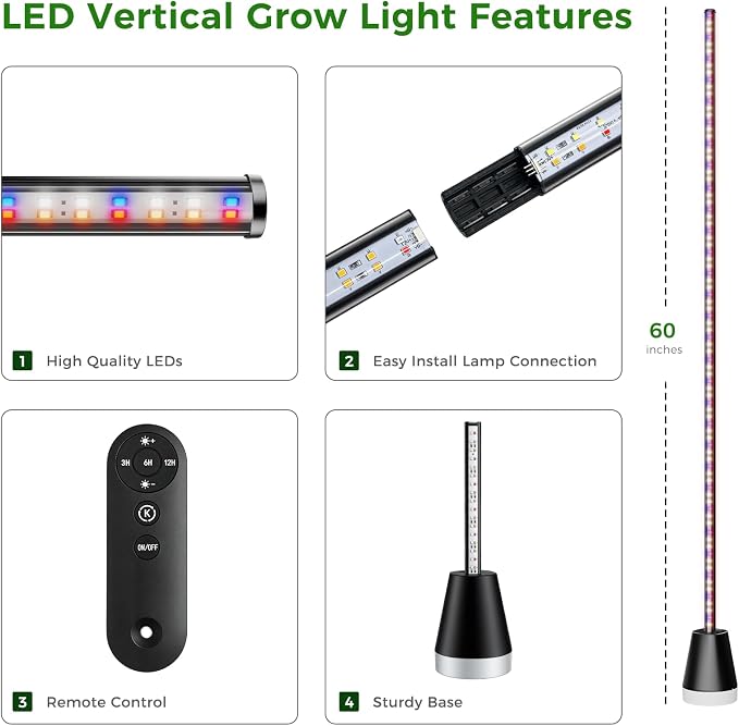 Grow Lights for Indoor Plants with Timer, 60 Inch Vertical Grow Light Full Spectrum 192 LEDs 24W with 3/6/12H Auto On/Off Remote 3 Light Modes 5-Level Dimmable Standing Plant Lamp