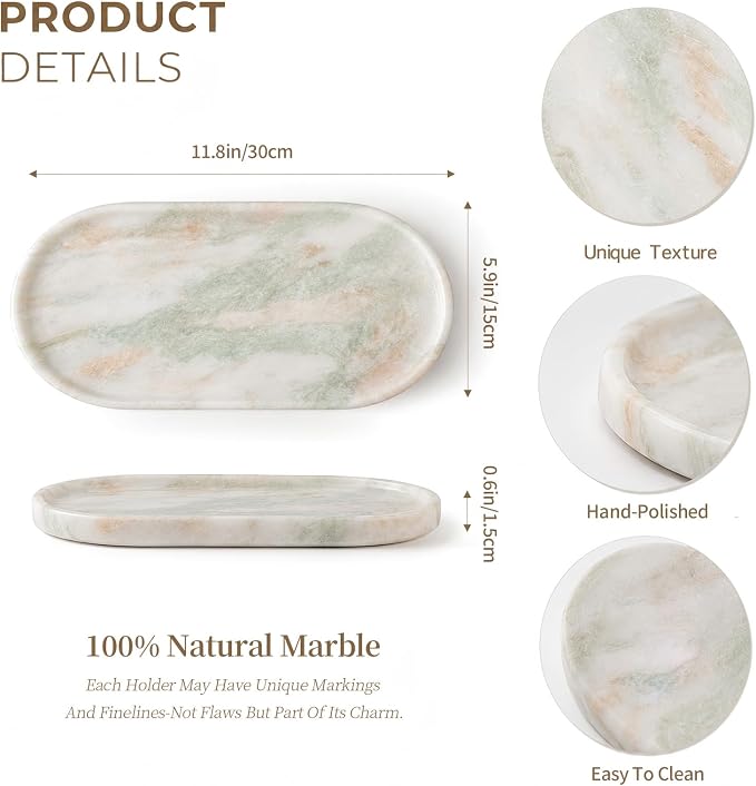 Genuine 100% Natural Marble Tray, Luxury Sage Green&White Stone Vanity Tray | 11.8" x 5.9" Decorative Oval Trays for Countertop Storage, Bathroom, Dresser, Kitchen, Home Decor, Jewelry Makeup Organizer