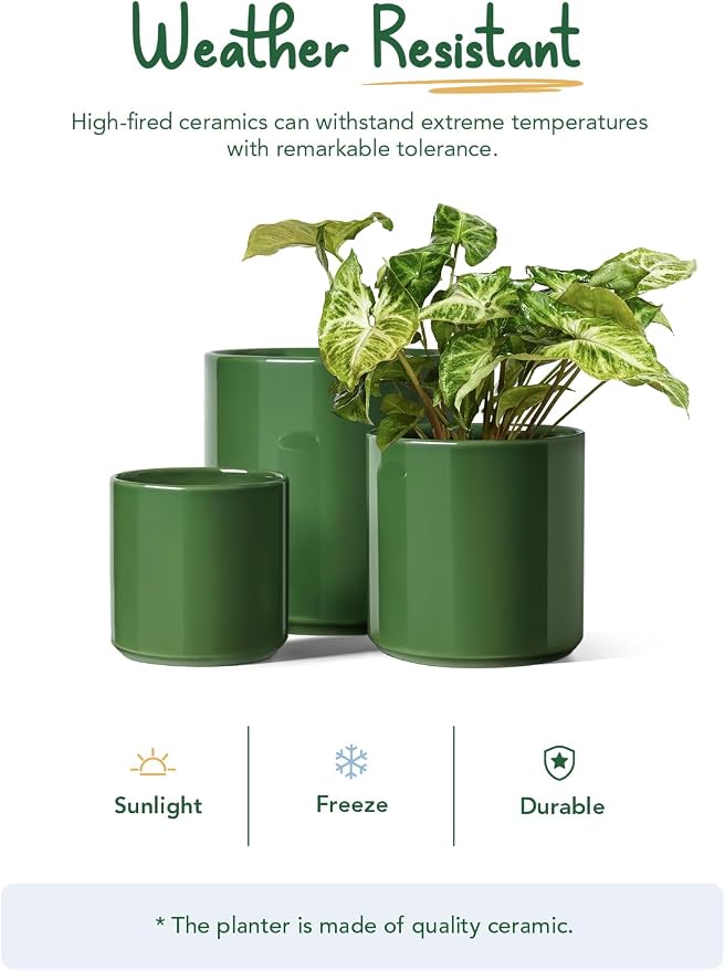 LE TAUCI 10+8+6 Inch Ceramic Pots for Plants, Indoor Planters with Drainage Hole and Plug, Modern Cylinder Flower Pots Set of 3 for Living Room and Kitchen, Glossy, Bamboo Green