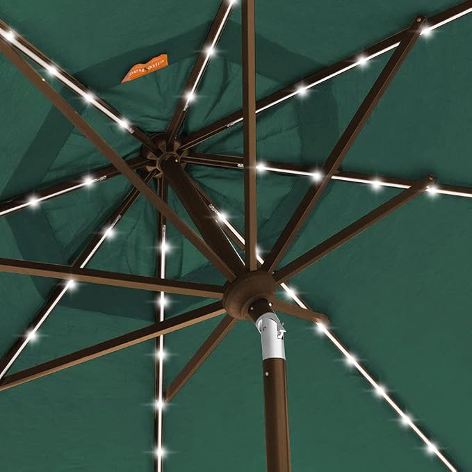 EliteShade USA 10-Year-Non-Fading 9ft Market Patio Umbrella, Commercial Grade Table Sun Umbrella with 80 Solar LED Lights, Crank Open, Windproof & UPF 50+ UV Protection for Garden, Deck, Pool, Backyard, Forest Green