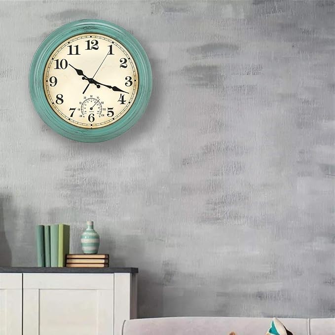 12 Inch Indoor/Outdoor Retro Waterproof Wall Clock with Thermometer,Vintage Battery Operated Silent Non Ticking Quartz Clock Wall Decorative for Kitchen/Bedroom/Living Room/Bathroom/Patio-Olive green