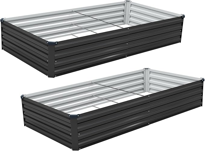 Meberam 2 Pack 6x3x1FT Galvanized Raised Garden Bed Kit, Outdoor Metal Planter Box for Vegetables, Bottomless Rectangular Gardening Bed with Support Rods, Tool-Free Assembly, Black