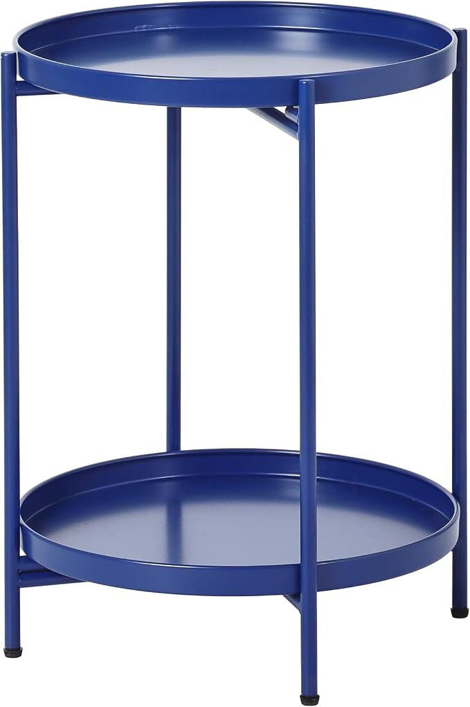 2-Tier Round End Side Table, Small Metal Side Table with Removable Tray, Folding Accent Tables for Living Room, Balcony, Nightstand for Bedroom, Outdoor Tables for Patio, Navy Blue