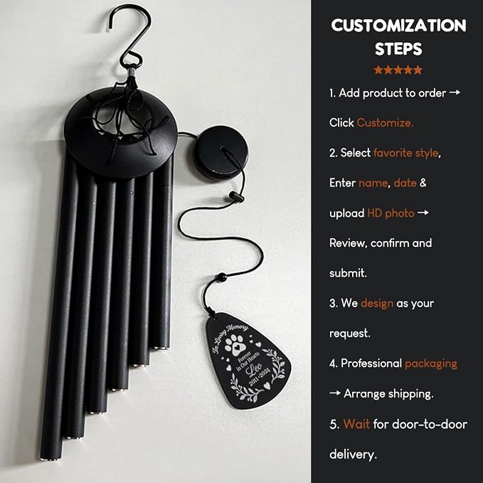 Personalized Sympathy Gift for Loss of Dog, Cat– Custom Pet Memorial Wind Chimes - Laser Engraved with Your Pet's Photo & Name – in Loving Memory, Outdoor Garden Decor