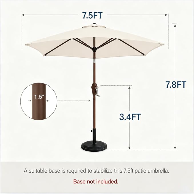 7.5ft Patio Umbrella, Outdoor Table Market Umbrella with Smooth Crank Lift, 6 Windproof Fiberglass Ribs, UPF50+ UV Protection for Deck, Pool, Garden and Backyard