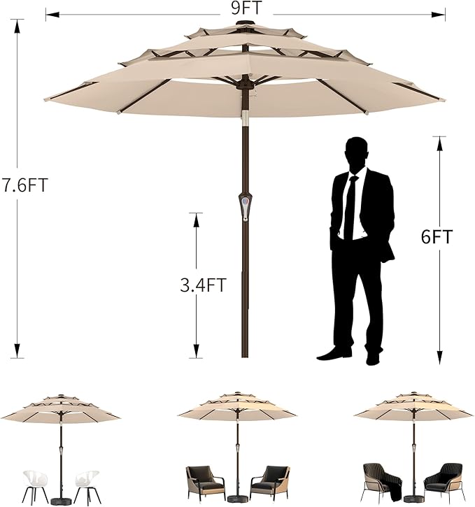 Ayge 9FT 3-Tier Large Outdoor Patio Umbrella Market Table Umbrella-UV Resistant,Easy Push Button Tilt and Crank,8 Sturdy Fiberglass Ribs Heavy-Duty Pool Umbrella for Deck,Backyard,Garden,Yard,Brown