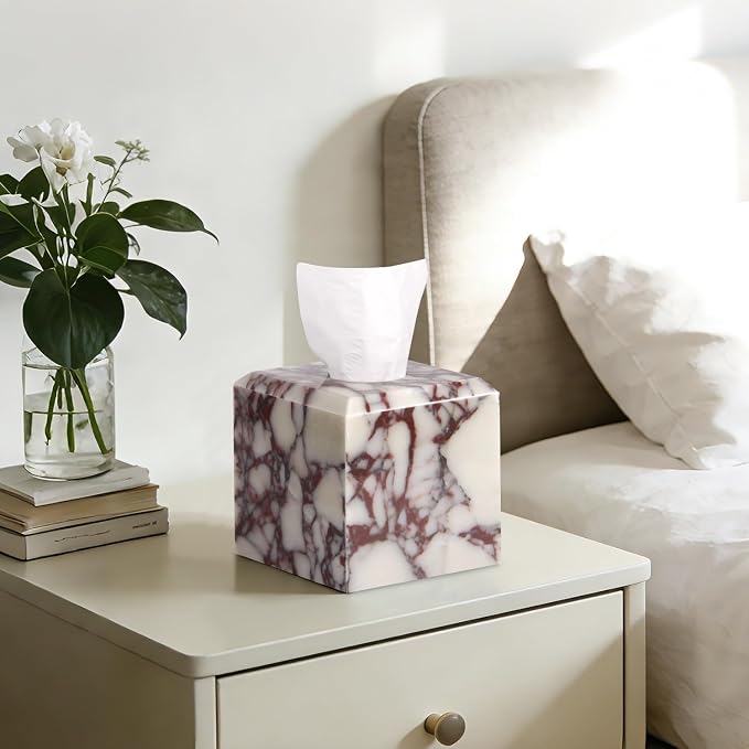 Natural Marble Square Tissue Box Cover ,Stone Modern Decorative Sturdy Napkin Box Holder Case,Facial Paper Organizer for Bathroom Vanity Toilet Countertop,Kitchen (1, Calacatta Viola, 5.71*5.71*5.51)
