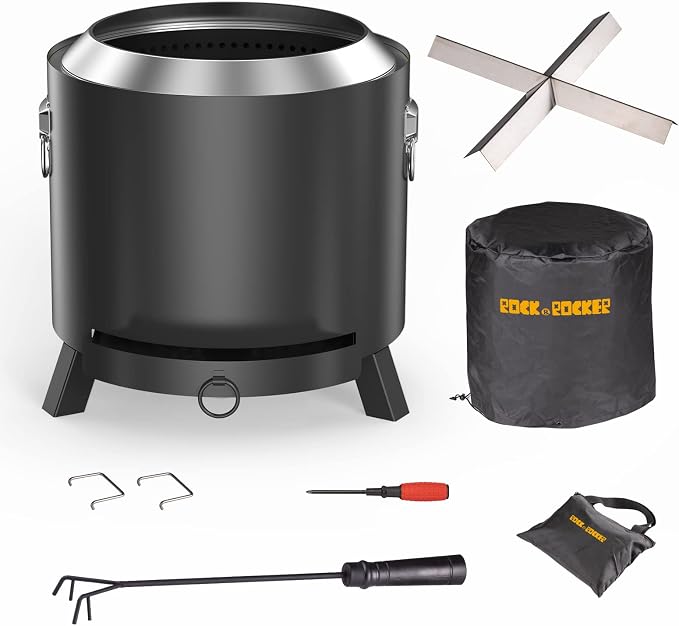 Rock&Rocker Smokeless Fire Pit, 304 Stainless Steel, 18.5 Inch Outdoor Bonfire Firepit, Fire Pits for Outside, with Removable Ash Pan, Portable Handle & Waterproof Cover, for Backyard Party, BBQ