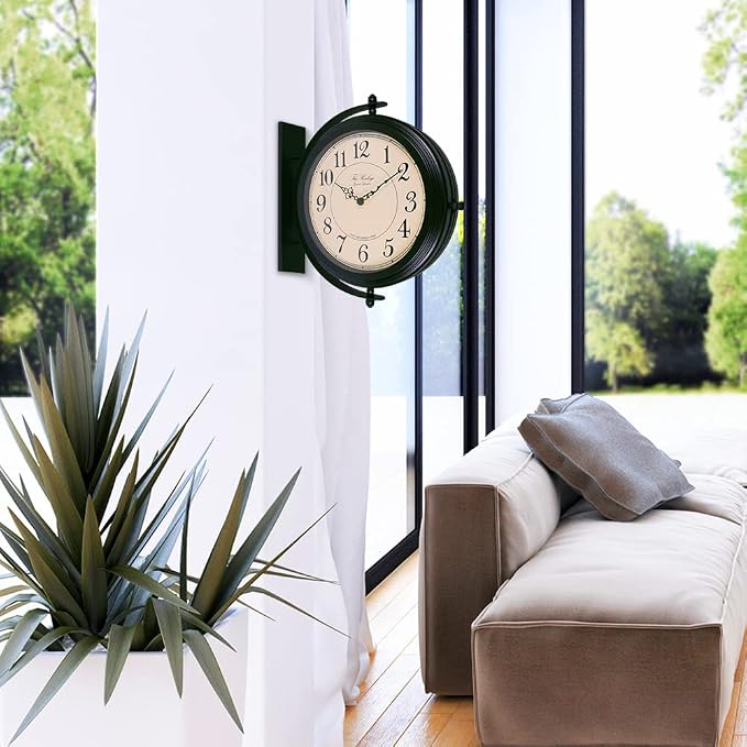 BESTIME 66264B 16-Inch Double Sided Metal Wall Clock with Black Frame.Sturdy Frame,Easy Read,Garden,Home Décor,Indoor,Outdoor,Farmhouse,Yard,Station,Office,Photography Props.