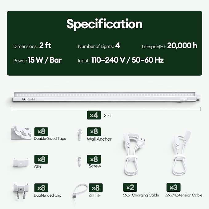 Maygrove Grow Lights for Indoor Plants, Sunlike Full Spectrum 5000K 2FT LED Growing Lamp 60W (4 x 15W), T5 Grow Light Strip for Seed Starting, Vegetables, Linkable, White, 4-Pack