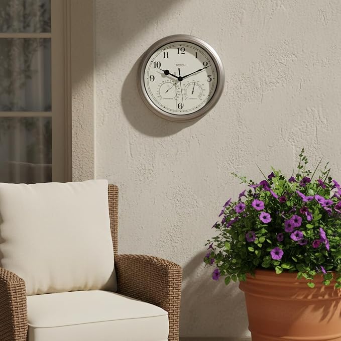 Westclox Indoor/Outdoor Wall Clock with Temperature & Humidity Gauges, Weather-Resistant, Quartz Accuracy, Battery-Powered (Silver, 12-Inch)