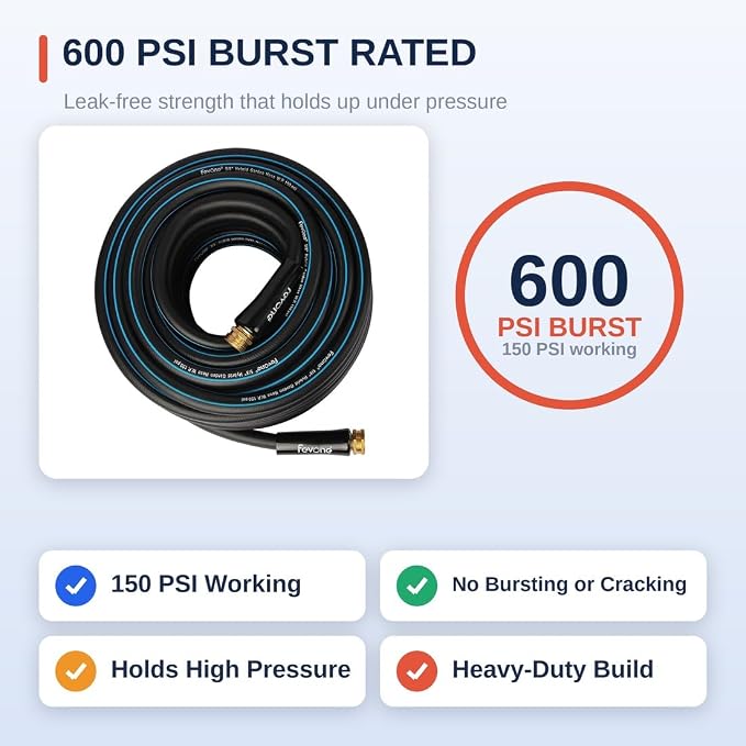 FEVONE Kink Free Garden Hose 50 ft, Heavy Duty Water Hose | Flexible Lightweight, Hybrid Polymer, 5/8 ID, 600 PSI, Leak-Proof, Solid Brass 3/4 GHT Fittings for Garden Watering