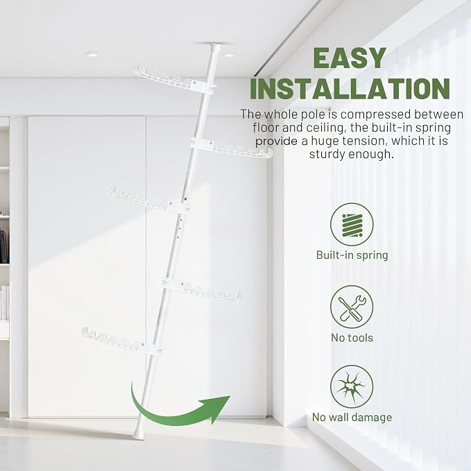 Tension Rod Plant Stand, Plant Poles for Hanging Plants Indoor, Metal Floor to Ceiling Hanging Plants Stand, Tension Pole Plant Stand with 6 Hooks (Fit 3.6-10ft), White