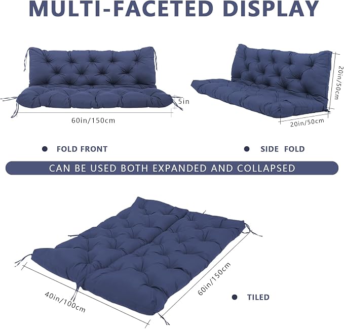 Durable Extra 5" Thick Waterproof Porch Swing Cushions Outdoor 60 inch Swing Cushions 3 Seater Replacement Fade-Resistant with Backrest and Ties, for Outdoor Patio Long Bench Furniture(Navy Blue)