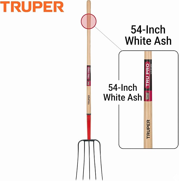 Truper Tru Pro 5-Tine Manure Fork, 54-Inch Premium White Ash Wood Handle, Forged Steel Head, Heavy-Duty Agricultural & Farm Tool (Model BPJ-5E / 30314)