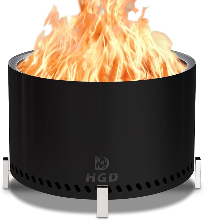 HGD 27.5" Smokeless Firepit with Stand, Large Stainless Steel Wood Burning Fire Pit for Friends & Family Gatherings, Secondary Combustion Outdoor Patio Stove for Garden BBQ & Bonfire (Black)