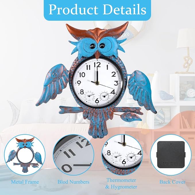 Outdoor Clock Silent Non-Ticking, Outdoor Wall Clocks with Thermometer & Humidity, Quartz Clocks Waterproof Decor for Patio Garden Living Room(Blue Owl)