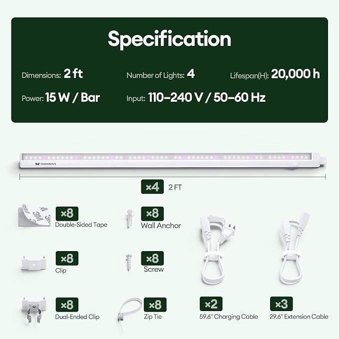 Maygrove Grow Lights for Indoor Plants, Tunable Spectrum 2FT LED Growing Lamp 28W (4 x 15W), T5 Grow Light Strip for Seed Starting, Vegetables, Linkable, White, 4-Pack