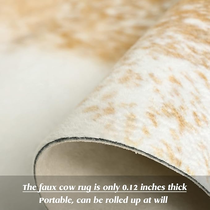 Faux Cowhide Rug Small Washable Cow Print Area Rugs, 2x3Ft Non-Slip Animal Skin Western Rustic Decor Carpet for Bedroom Living Room Office Entryway Kitchen Fireplace, Khaki Gold