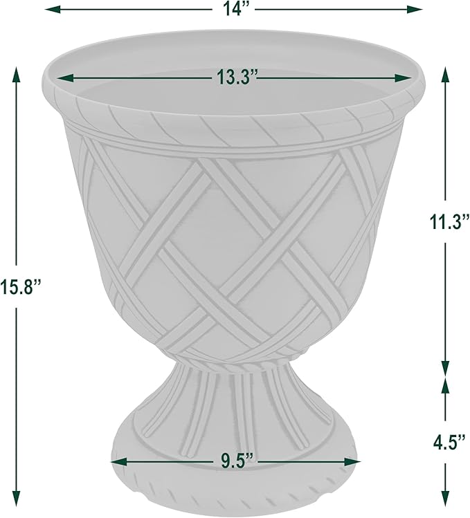 Arcadia Garden Products PL61WT Lattice Plastic Garden Urn, Classic Decorative Garden Pot Planter for Indoor and Outdoor Plants, White