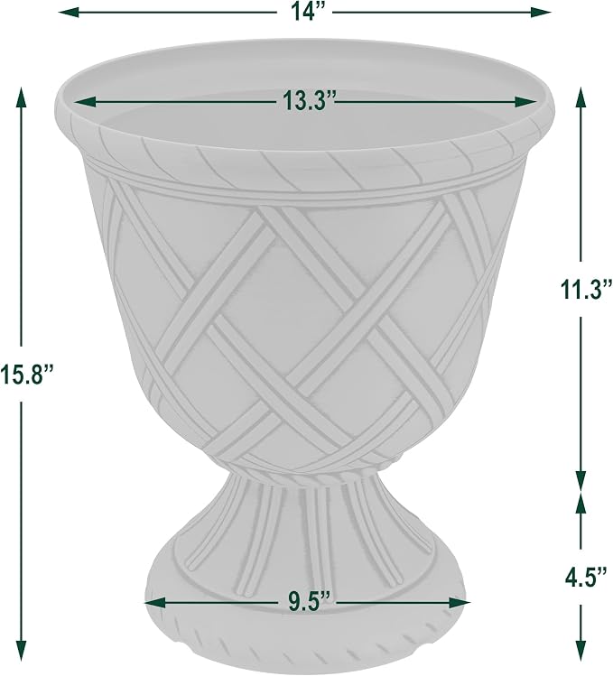 Arcadia Garden Products PL61BG Lattice Plastic Garden Urn, Classic Decorative Garden Pot Planter for Indoor and Outdoor Plants, Beige
