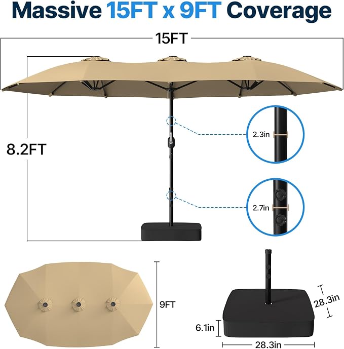 Suteck 15FT Patio Umbrella with Base Included - Double-Sided Outdoor Large Umbrella with & Crank Handle, UV & Fade Resistant Canopy for Poolside, Backyard, Deck and Market (Beige - with Base)