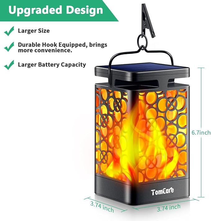 TomCare Solar Lights Upgraded Solar Lantern Flickering Flame Outdoor Hanging Lantern Decorative Lighting Solar Powered Waterproof LED Flame Umbrella Lights for Patio Garden Deck Yard, 4 Pack