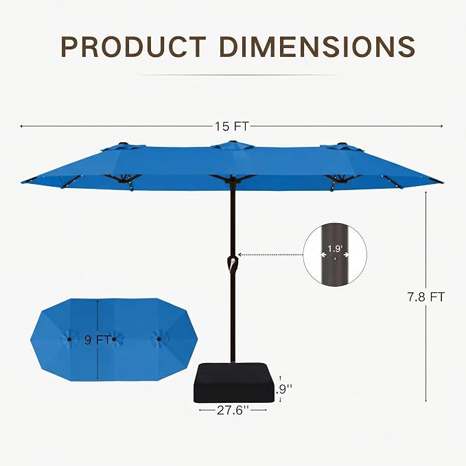 Kingdura 15ft Large Patio Umbrella with Solar Lights, Double-Sided Rectangle Outdoor Table Umbrella with Base Included, 12 Reinforced Ribs, 48 Led Lights, Crank Lift for Market Pool Deck, Royal blue