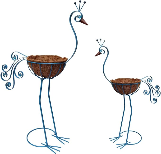 COOZZYHOUR Metal Peacock Planter with Fiber Basket -Garden Bird Planters for Outdoor Indoor Lawn,Yard,Porch,Patio, Garden Decorations(Set of 2)