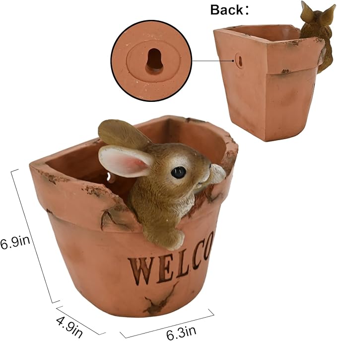 Hanging Planter with Cute Rabbit Design Decorative Wall Planter for Indoor Outdoor Terracotta Style Resin Unique Funny Plants Pot for Home Porch Garden Decor Artificial Flowers