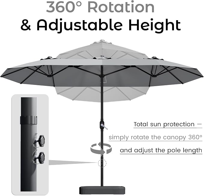 DomeShade 15ft Patio Umbrella with Base,Large Outdoor Double-Sided Rectangle Umbrella with Crank Handle, Market Umbrella for Poolside Garden Deck Backyard Beach Pools, Gray