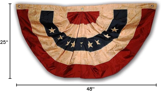48x25 Inch Tea Stained Antique US American Flag Bunting Half Fan Fully Pleated Banners