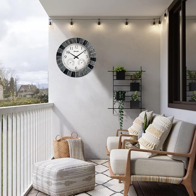 13.5" Faux Slate Wall Clock with Thermometer/Hygrometer | Waterproof, Silent, Indoor/Outdoor, Battery Operated, Light Grey/Black Frame