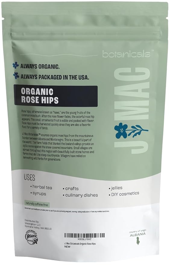 J MAC BOTANICALS Organic Rose Hips (1 lb Bag) Whole, natural dried rose hips for herbal tea, rosehips, rosehip tea, packaged in the USA