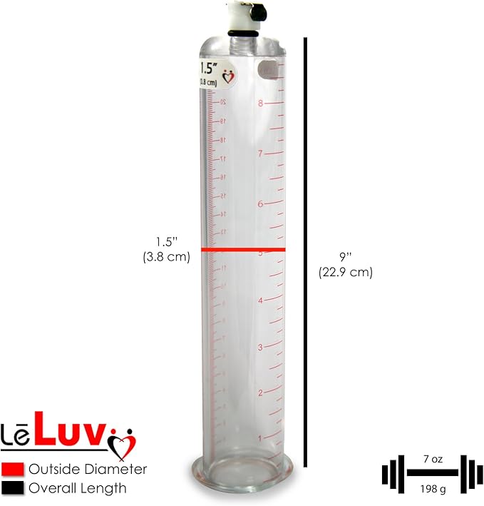 LeLuv Vibrating Penis Pump Maxi Red Handle + Protected Gauge and Clear Hose - 9 inch Length x 1.50 inch Diameter Cylinder