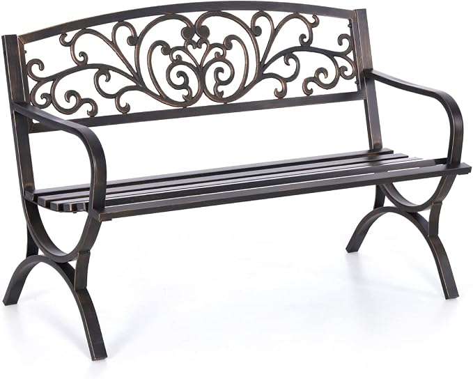 MFSTUDIO 50 Inches Outdoor Garden Bench, Cast Iron Metal Frame Patio Park Bench with Floral Pattern Backrest, Arch Legs for Porch, Lawn, Yard-Bronze