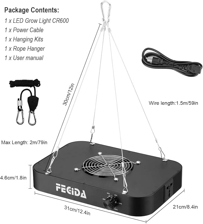 FECiDA 600W Equivalent Grow Light, 65W True Power Full Spectrum LED Grow Lights for Indoor Plants, Seed Starting, Seedlings for New Grower, 0–100% Dimmable, Daisy Chain, Quiet Cooling Fan