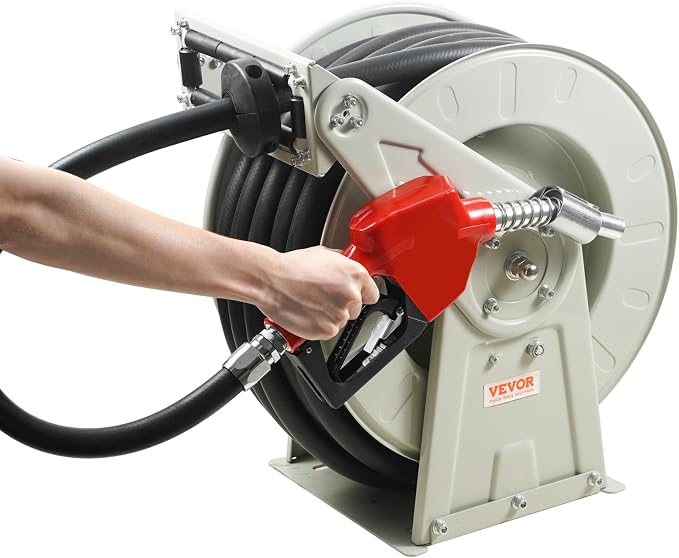 VEVOR Fuel Hose Reel, 1" x 50', Extra Long Retractable Diesel Hose Reel, Heavy-Duty Carbon Steel Construction with Automatic Fuel Nozzle, NBR Rubber Hose for Aircraft Ship Vehicle Tank Truck, 300 PSI