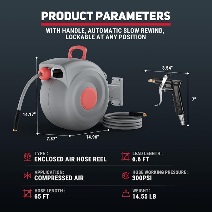Retractable Air Hose Reel, 3/8" x 65ft Air Hose with Air Blow Gun, Adjustable Length Lock, 180° Rotating Wall Mount Air Tool for Garage and Workshop