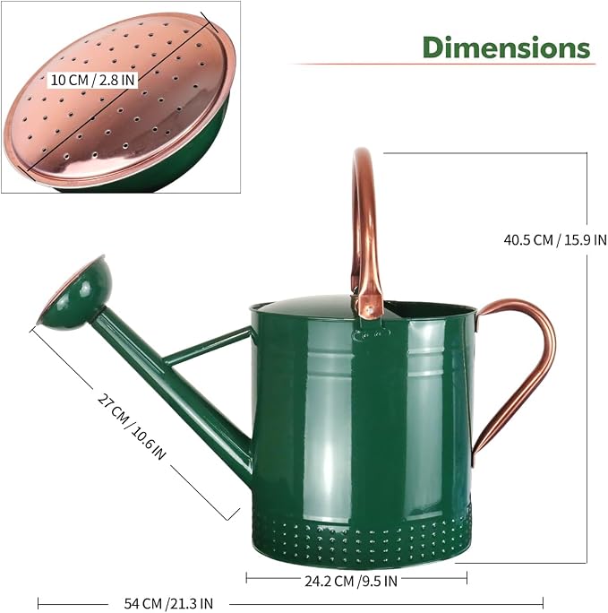 2 Gallon Meltal Garden Watering Can Removable Spout, Galvanized Steel Large Water Can with Embossed Design for Outdoor Indoor Plants (Green, 2 Gallon)