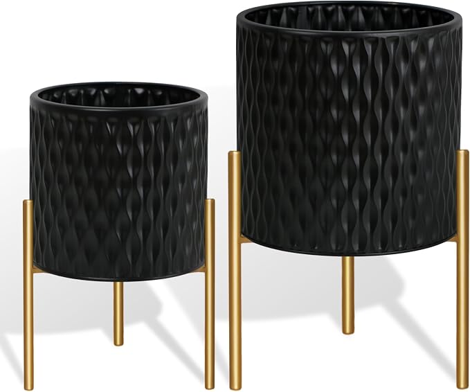 ARNIS Plants Pots with Stand, Large Size Flower Pots, Set of 2 Unique Mid Century Decorative Metal Flower Pots with Drainage,10.5&12.25 Inch, Black