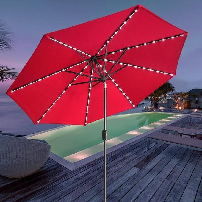 EliteShade USA 10-Year-Non-Fading 9ft Market Patio Umbrella, Commercial Grade Table Sun Umbrella with 80 Solar LED Lights, Crank Open, Windproof & UPF 50+ UV Protection for Garden, Deck, Pool, Backyard, Logo Red