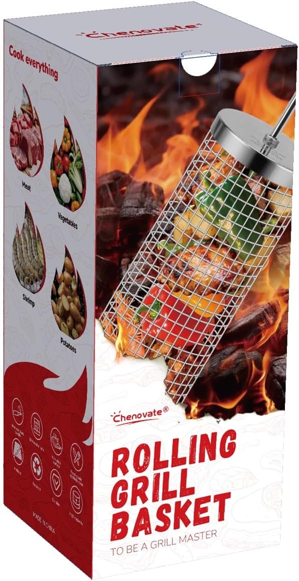 Chenovate® Rolling Grill Baskets,Gifts for Men,Removable Wooden Handle,304 Stainless Steel,Grilling Accessories for Veggies,Smoker BBQ Tools,Grilling Gifts for Birthday Festival Anniversary —2 Pack