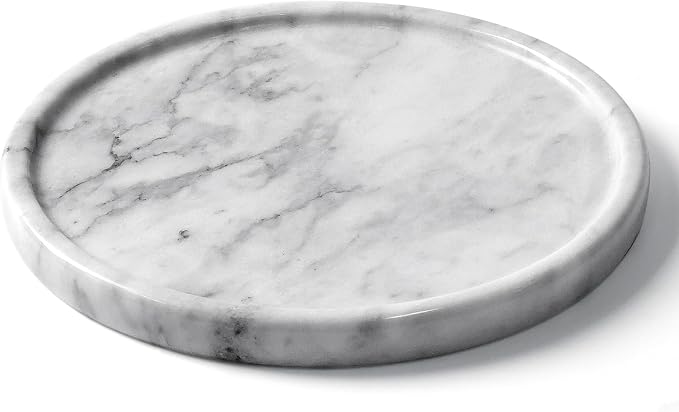 Natural Round Marble Tray - 7.8" Marble Vanity Tray for Dresser, Bathroom, Decorative Jewelry Dish for Perfumes Rings Earrings Necklaces, Stone Tray for Home Décor, White